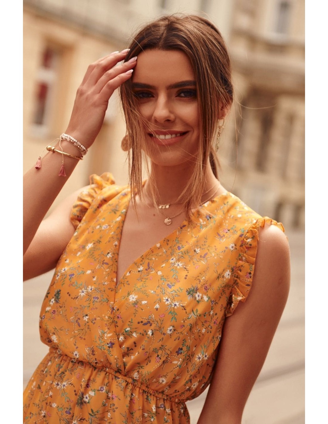 Delicate mustard floral dress PR3187 - Online store - Boutique